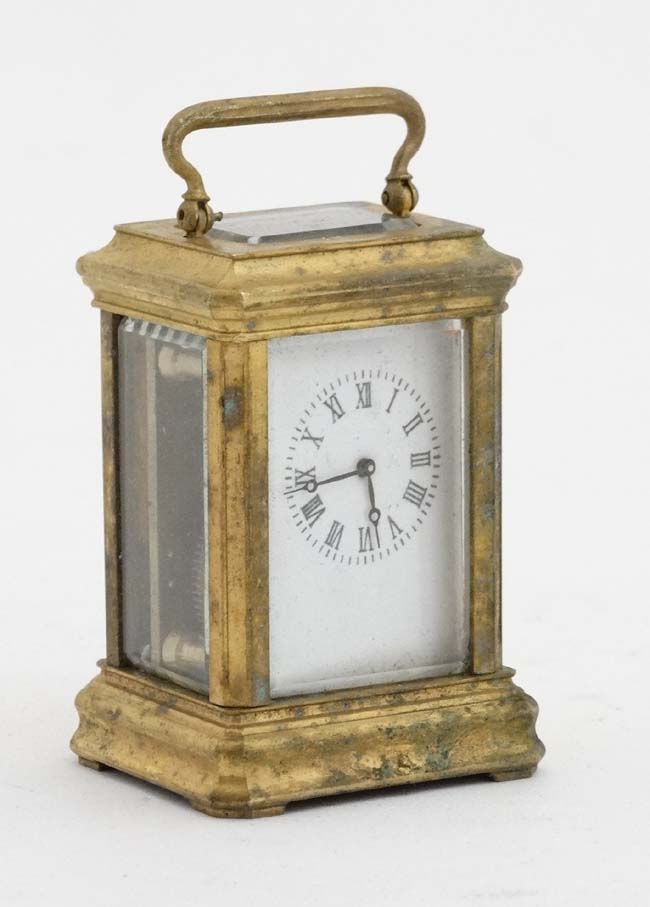 Miniature Carriage Clock : an early - mid 20thC 5 bevelled glass miniature brass cased , - Image 5 of 8