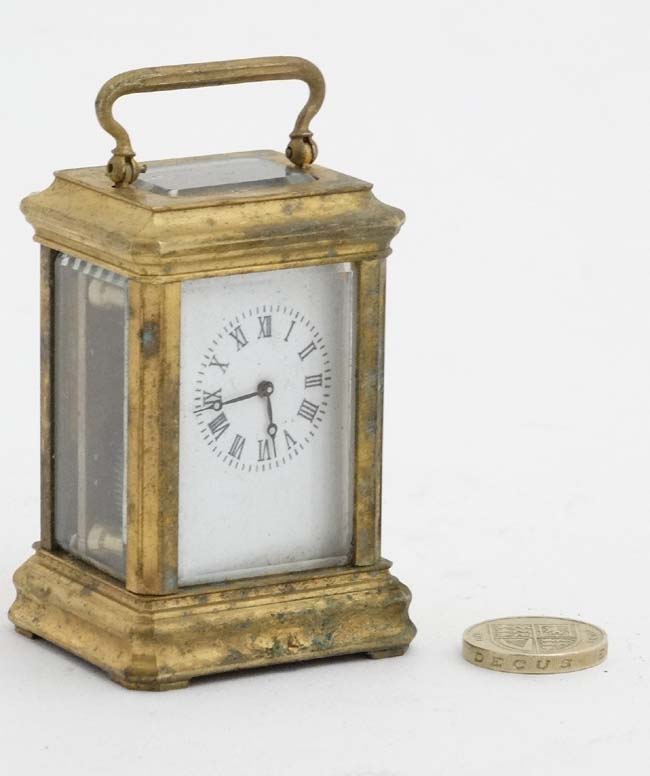 Miniature Carriage Clock : an early - mid 20thC 5 bevelled glass miniature brass cased , - Image 6 of 8