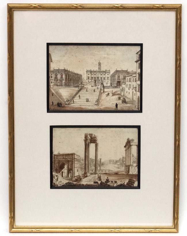 XIX Italian Grand Tour, Sepia aquatints, two mounted diptych style, City and ruin views. - Image 2 of 4