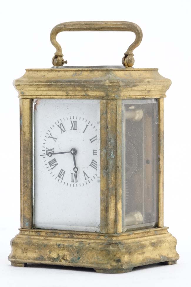 Miniature Carriage Clock : an early - mid 20thC 5 bevelled glass miniature brass cased , - Image 8 of 8