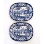 A pair of 19thC small blue and white rectangular 'wild rose' pattern plates ,