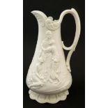 A white Parianware Alcock & Co jug decorated with a relief of 'Naomi and her Daughters in Law'