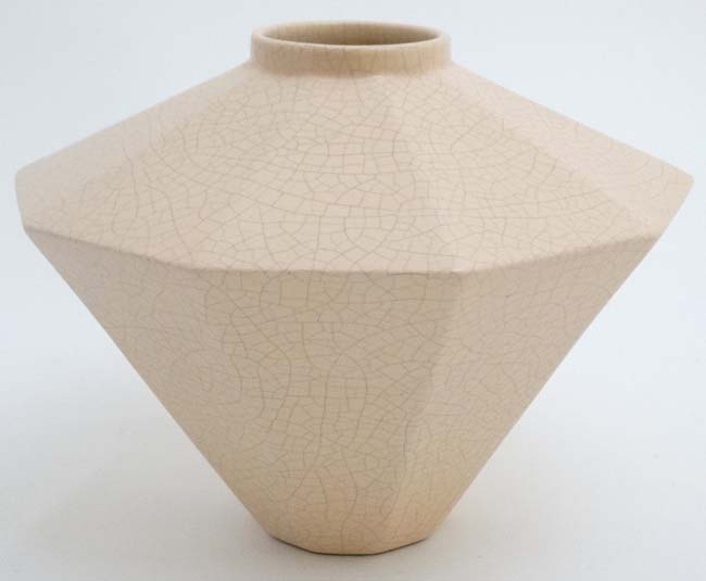 A S'Clement , France pink crackle glazed decahedron vase of tapering form , number 9914,
