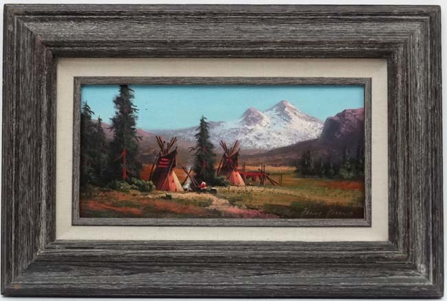 Heine Hartwie (1937) American, Oil on board, ' My Montana ' showing Indian Teepees.