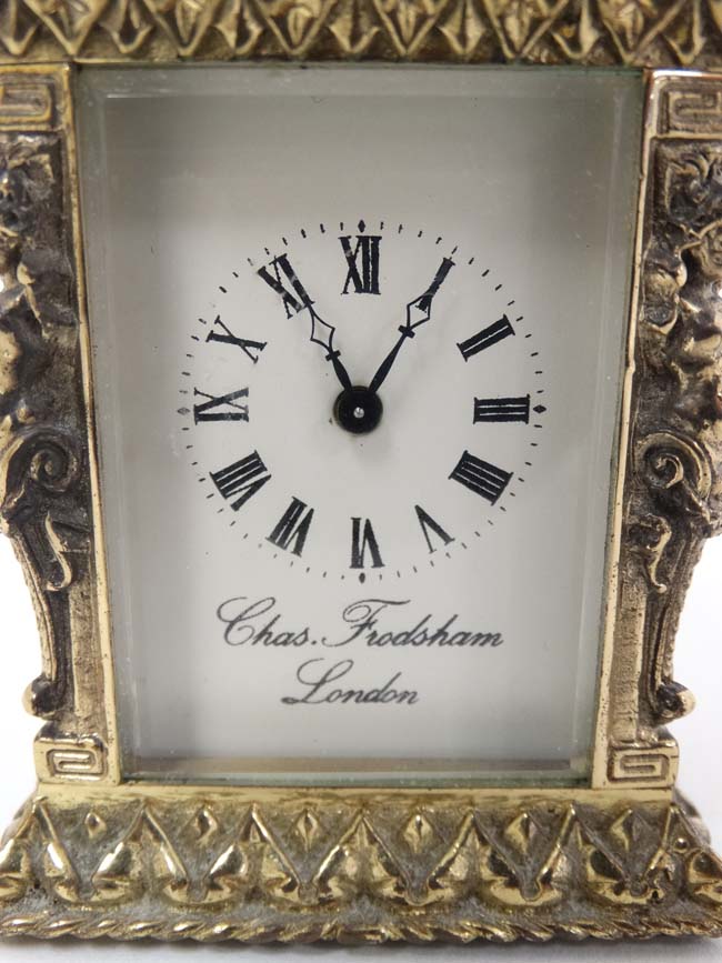 A 19thC Gilt brass ' Chas Frodsham ' Carriage Clock : an ornate cast and chased 5 bevelled glass - Image 10 of 11