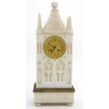 French Alabaster Cathedral Clock : An 8 day Silk Suspension mantle clock striking on a bell with