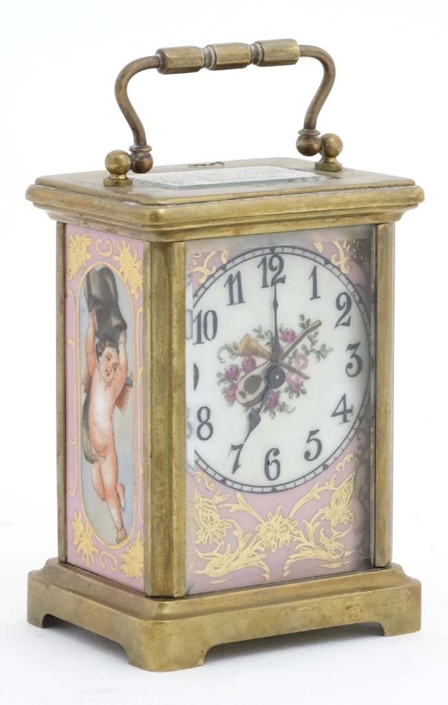 Porcelain panel Carriage Clock : an Old Sevres style porcelain timepiece French Carriage clock ,