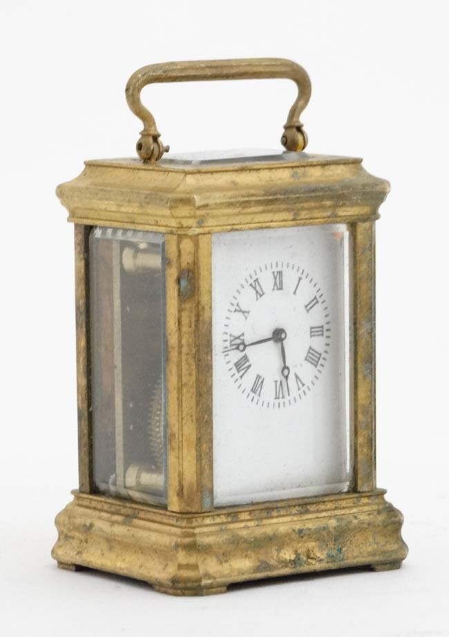 Miniature Carriage Clock : an early - mid 20thC 5 bevelled glass miniature brass cased , - Image 4 of 8
