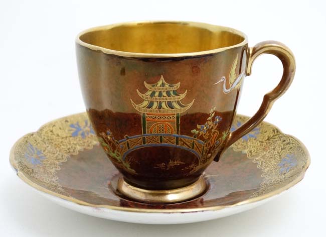 A Carlton Ware ' Rouge Royale ' New Mikado tea cup and saucer , decorated with bridge , - Image 3 of 9