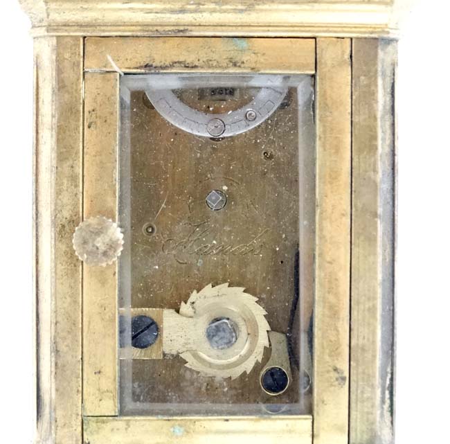 Miniature Carriage Clock : an early - mid 20thC 5 bevelled glass miniature brass cased , - Image 3 of 8