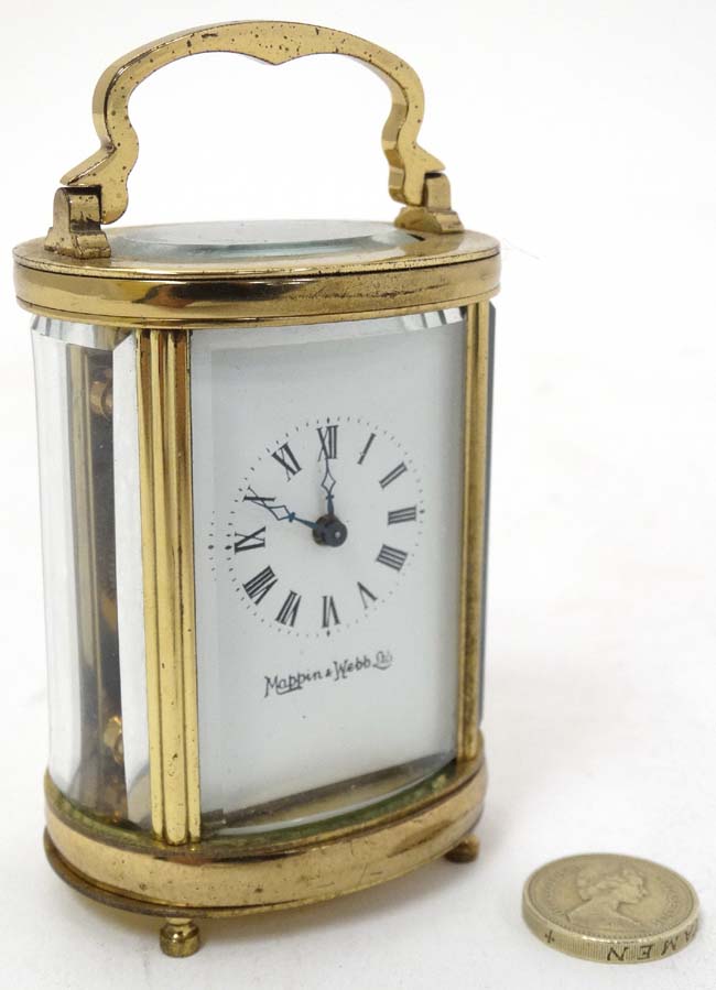 Oval Miniature Mappin & Webb Ltd Carriage Clock : a 4 shaped and bevelled glass with oval bevelled - Image 5 of 11