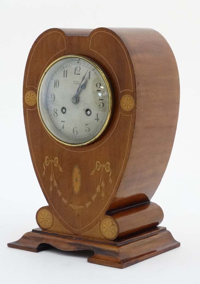 Rowell Oxford : a signed Art Nouveau shaped case inlaid mahogany mantle clock, - Image 7 of 8