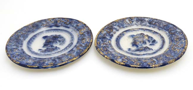 A pair of late 19thC flo blue wall chargers with gilt detail, having dragon detail to surround, - Image 3 of 3