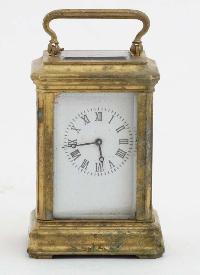 Miniature Carriage Clock : an early - mid 20thC 5 bevelled glass miniature brass cased , - Image 7 of 8