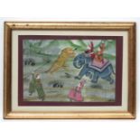 XIX- XX Indian School, Gouache on linen, The Tiger hunt depicting figures with spears,