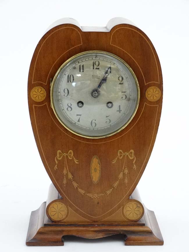 Rowell Oxford : a signed Art Nouveau shaped case inlaid mahogany mantle clock, - Image 5 of 8