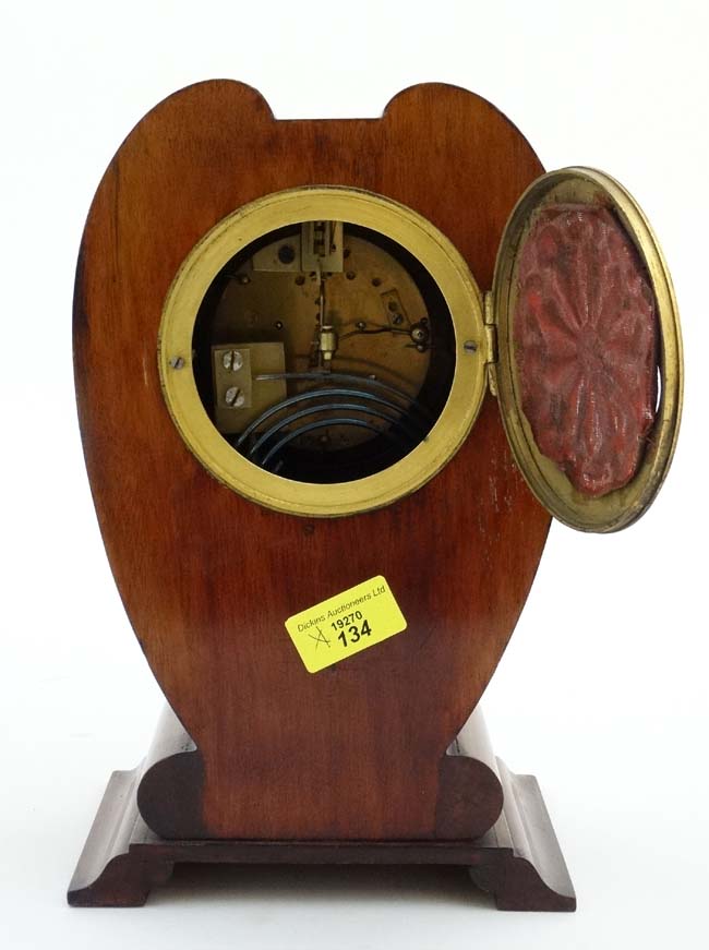 Rowell Oxford : a signed Art Nouveau shaped case inlaid mahogany mantle clock, - Image 8 of 8