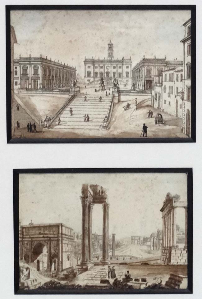 XIX Italian Grand Tour, Sepia aquatints, two mounted diptych style, City and ruin views. - Image 3 of 4