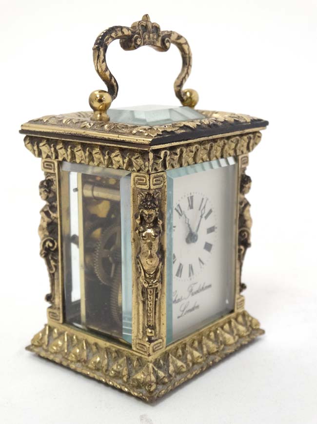 A 19thC Gilt brass ' Chas Frodsham ' Carriage Clock : an ornate cast and chased 5 bevelled glass - Image 3 of 11