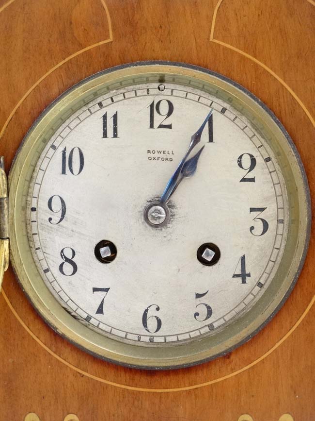 Rowell Oxford : a signed Art Nouveau shaped case inlaid mahogany mantle clock, - Image 6 of 8