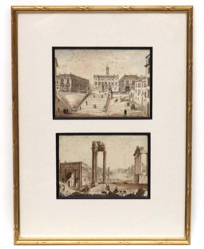 XIX Italian Grand Tour, Sepia aquatints, two mounted diptych style, City and ruin views.