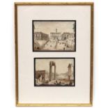 XIX Italian Grand Tour, Sepia aquatints, two mounted diptych style, City and ruin views.