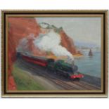 G R Mortimer 1968, Oil on board, 'Steam train (number 4059) 4-6-2 with carriages by the seaside',
