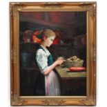 Louse Ritman XX, Oil on canvas, A girl peeling apples, Signed lower left.