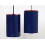 Vintage Retro : a pair of Danish Pendant Sektor lamps / lights of dark blue and red rimmed livery