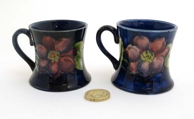 A pair of Moorcroft Miniature ' Clematis ' pattern tankards on a cobalt blue ground , - Image 3 of 7