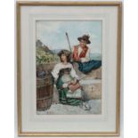 E Vitali XX North Italian School, Watercolour, Girl seated and shepherd, Signed lower left.