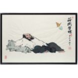 Japanese Wood block, Man reclining whilst two butterflies fly overhead, Signed with seal and script.