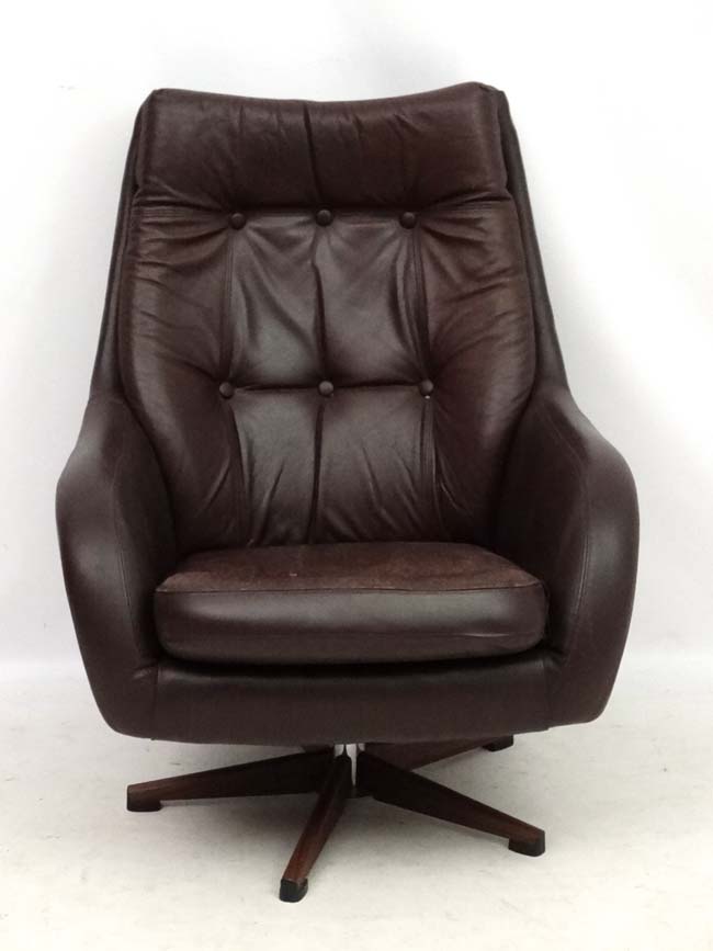 Vintage Retro : a Swedish Swedfurn brown leather swivel button back armchair with five spoke base, - Image 2 of 4