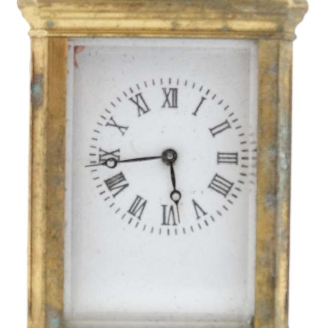 Miniature Carriage Clock : an early - mid 20thC 5 bevelled glass miniature brass cased , - Image 2 of 8