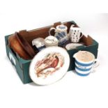 A box of assorted ceramics to include a Worcester Studio 'Racing silks' mug,