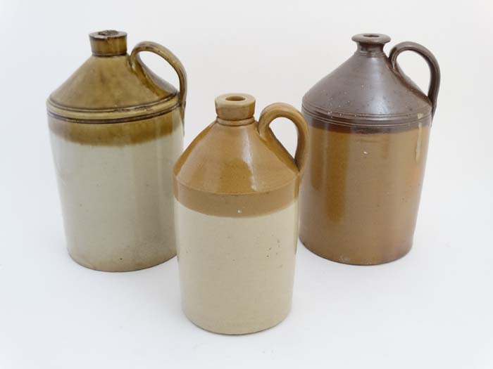 3 various 2-tone stoneware flagons with loop handles to include one by Price of Bristol,