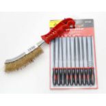 A 10 piece needle file set and a wire brush CONDITION: Please Note - we do not make