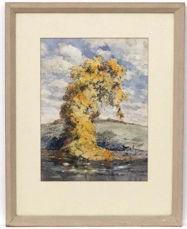 Early- mid XX English School, Watercolour, Pushing a pram past a lakeside tree in autumn.
