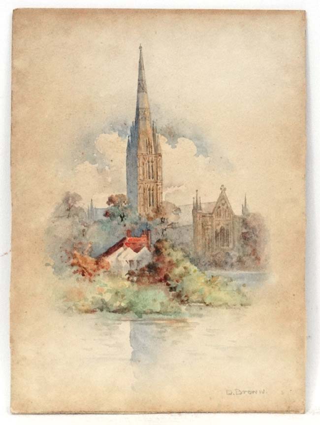 D Brown XIX-XX, Watercolour, A cathedral , possibly Norwich, Signed lower.