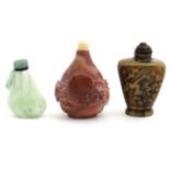 3 various oriental snuff bottles to include a nephrite / jadeite example, one formed as a fruit,