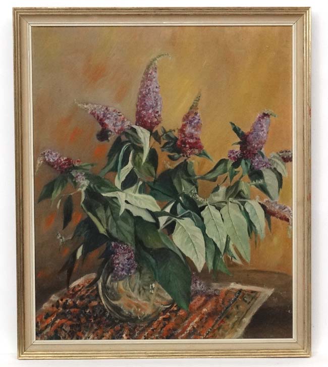 Early XX English School, Oil on canvas, Still life of Buddleia in a vase.