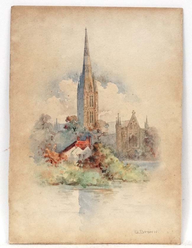 D Brown XIX-XX, Watercolour, A cathedral , possibly Norwich, Signed lower. - Image 3 of 5