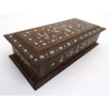 A Colonial 19thC penwork and ivory inlaid hardwood glove box 10 7/8" long x 5" deep x 2 1/2" high