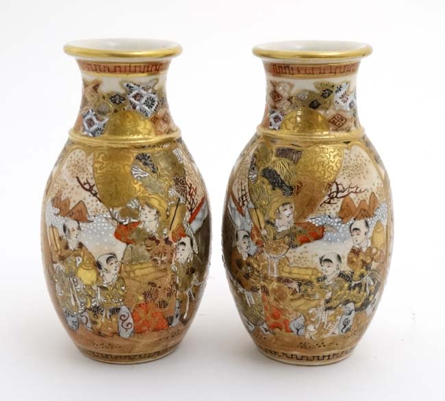 A pair of Japanese Satsuma vases, decorated with figures and mountainous landscape, - Image 3 of 6
