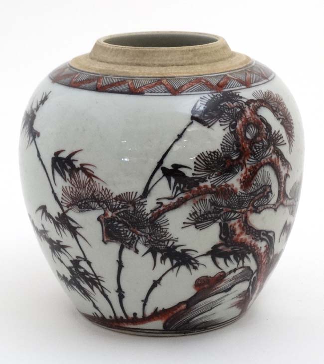 A Chinese red, black and white vase decorated with cherry blossom and bamboo on a rocky outcrop, - Image 3 of 5
