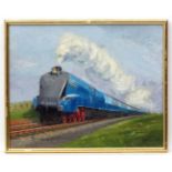 G R Mortimer 1967, Oil on panel, Dominion of Canada a LNER 4-6-2 class locomotive with carriages,