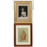 After Michelangelo Buanorotti, A sepia lithograph in a maple wood frame, Mother and child,