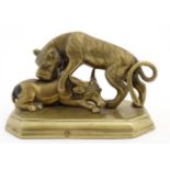 A Chinese cast brass / bronze figure group depicting a tiger and a recumbent water buffalo 4 1/2"