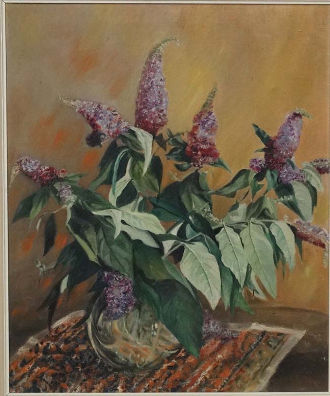 Early XX English School, Oil on canvas, Still life of Buddleia in a vase. - Image 3 of 4