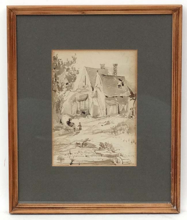 XVIII-XIX English School, Grisaille watercolour, House in the country.